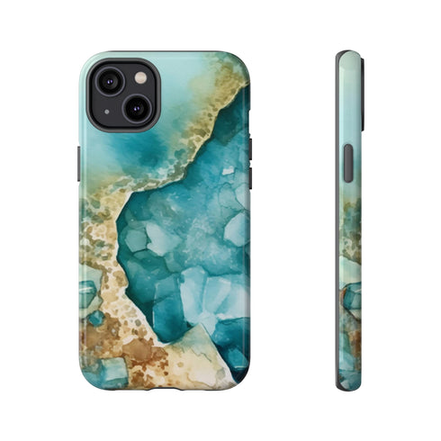Aquamarine inspired Geode in Watercolor - Impact Resistant Phone Case iPhone 14 Plus Glossy